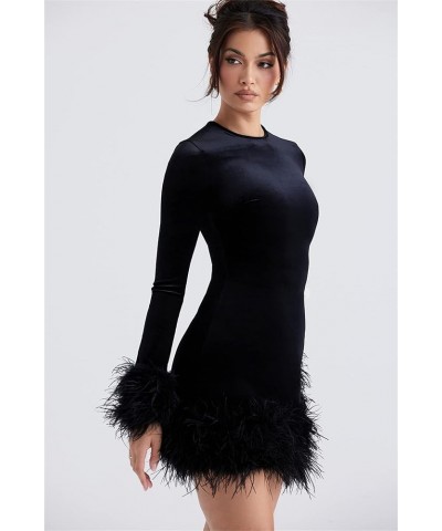 Women Sexy Boydcon Feather Trim Mini Dress Sparkle Sequin Long Sleeve Birthday Party Club Dress Streetwear Black $14.40 Dresses