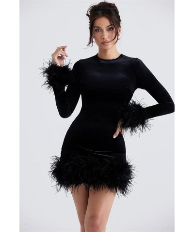 Women Sexy Boydcon Feather Trim Mini Dress Sparkle Sequin Long Sleeve Birthday Party Club Dress Streetwear Black $14.40 Dresses