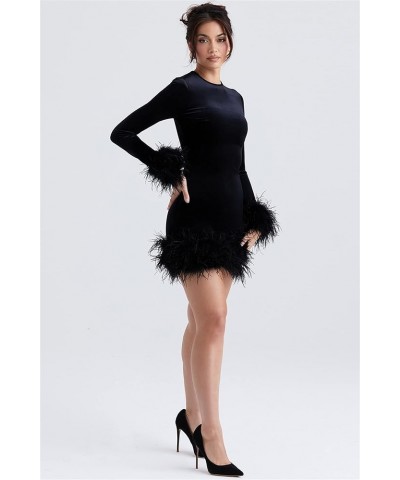 Women Sexy Boydcon Feather Trim Mini Dress Sparkle Sequin Long Sleeve Birthday Party Club Dress Streetwear Black $14.40 Dresses