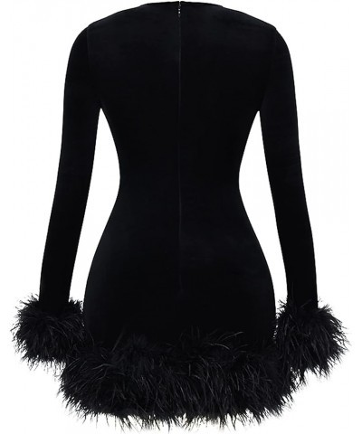 Women Sexy Boydcon Feather Trim Mini Dress Sparkle Sequin Long Sleeve Birthday Party Club Dress Streetwear Black $14.40 Dresses