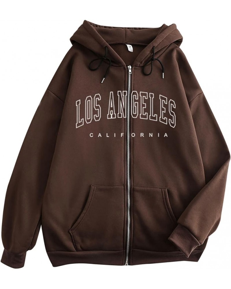 Sporty Trendy Hoodies for Women Los Angeles California Solid Color with Pockets Athletic Clean Zip Up Casual Baggy Coffee $16...