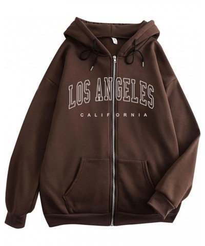 Sporty Trendy Hoodies for Women Los Angeles California Solid Color with Pockets Athletic Clean Zip Up Casual Baggy Coffee $16...