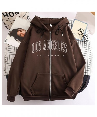 Sporty Trendy Hoodies for Women Los Angeles California Solid Color with Pockets Athletic Clean Zip Up Casual Baggy Coffee $16...