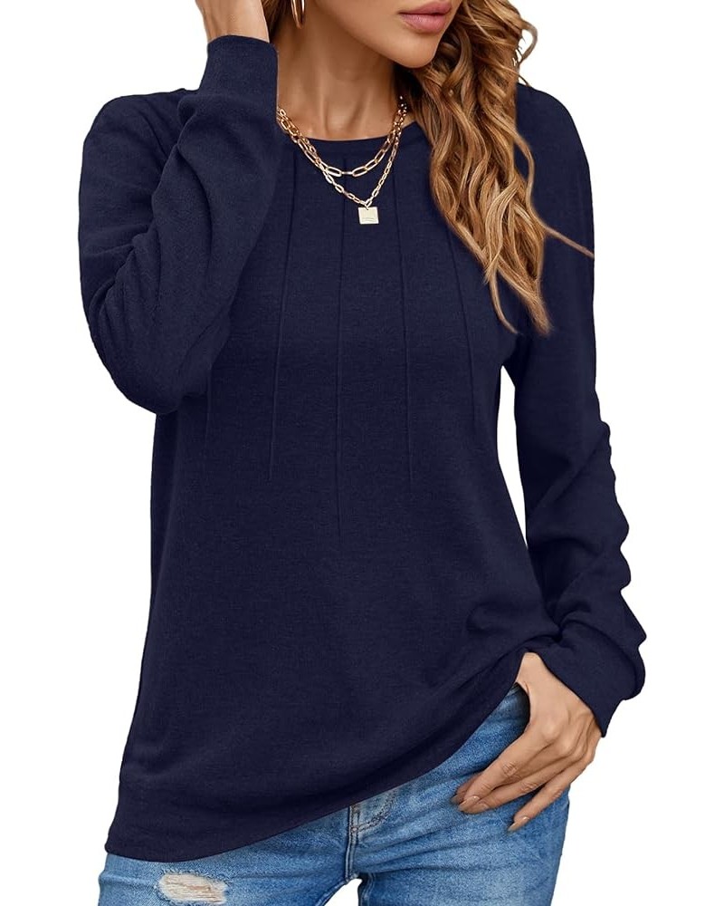 Women Long Sleeve Shirts Casual Tops Dressy Blouses Fashion Pleated Tunic Navy Blue $14.55 Tops