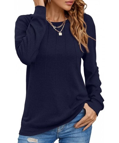 Women Long Sleeve Shirts Casual Tops Dressy Blouses Fashion Pleated Tunic Navy Blue $14.55 Tops