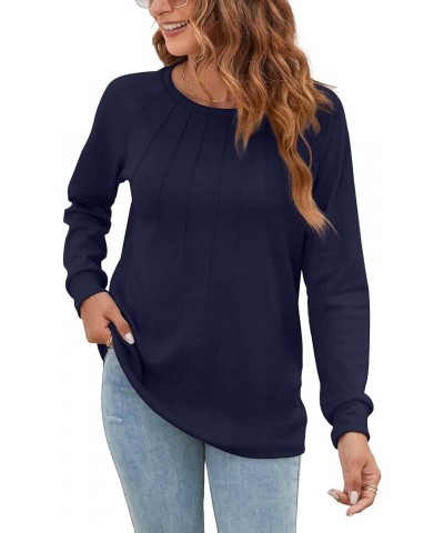 Women Long Sleeve Shirts Casual Tops Dressy Blouses Fashion Pleated Tunic Navy Blue $14.55 Tops