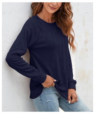 Women Long Sleeve Shirts Casual Tops Dressy Blouses Fashion Pleated Tunic Navy Blue $14.55 Tops