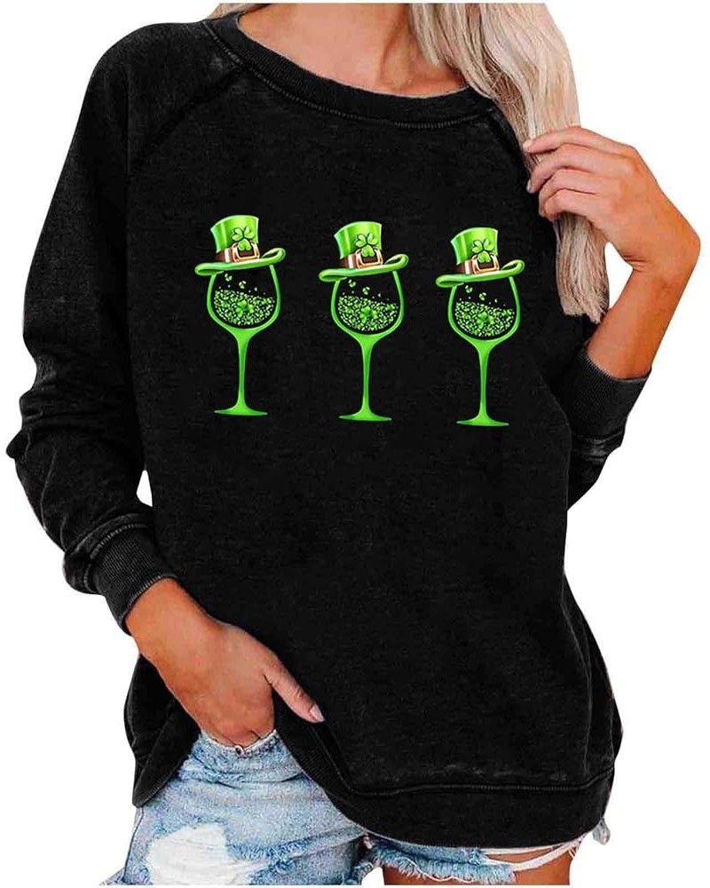 Women St. Patrick's Day Shirts Long Sleeves Casual Clover Print Round Neck Sweatshirt Pullover Loose Tunic Tops 5_black $8.99...