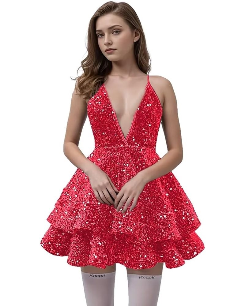 Women's Halter Homecoming Dress V Neck Prom Dress Short Sparkly Brithday Party Gowns Sexy Backless Rose Red $39.74 Dresses