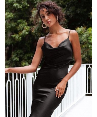 Womens Satin Silk Dress Wedding Guest Midi Cocktail Cowl Neck Sleeveless Spaghetti Strap Sexy Evening Party Dress G_black $15...