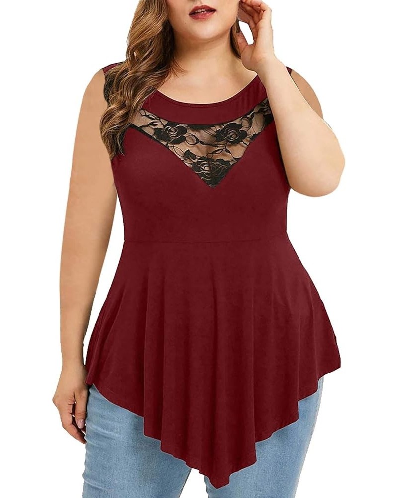 Womens Plus Size Tops O-Neck Short Sleeve Asymmetric Tunics Floral Lace Blouse Shirts for Summer Casual T Shirt Red -B $10.97...