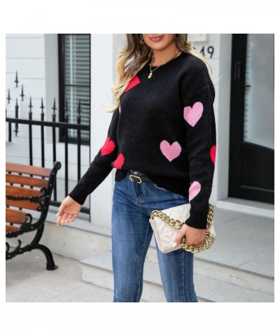 Valentine's Day Heart Print Sweat for Women Oversized Sweater Romantic Love Graphic Long Sleeve Crewneck Pullover Tops Black-...