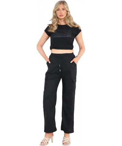 Ladies Plain Black Cargo Trousers for Women Wide Leg Palazzo High Elasticated Waist Bottoms Womens Pants US 4-16 Black $9.66 ...