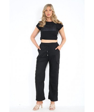 Ladies Plain Black Cargo Trousers for Women Wide Leg Palazzo High Elasticated Waist Bottoms Womens Pants US 4-16 Black $9.66 ...