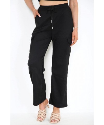 Ladies Plain Black Cargo Trousers for Women Wide Leg Palazzo High Elasticated Waist Bottoms Womens Pants US 4-16 Black $9.66 ...