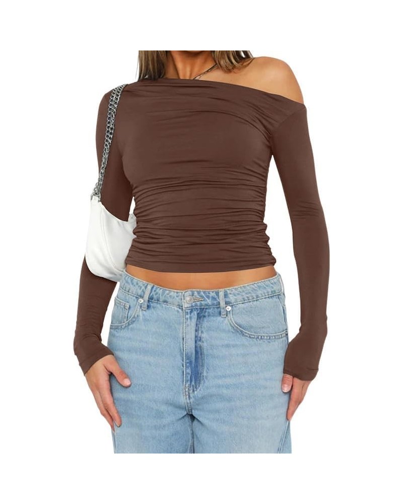 Women Long Sleeve Pullover Crop Tops Oblique Shoulder Ruched T-Shirt Bodycon Going Out Tee Shirts Streetwear Brown $6.47 T-Sh...
