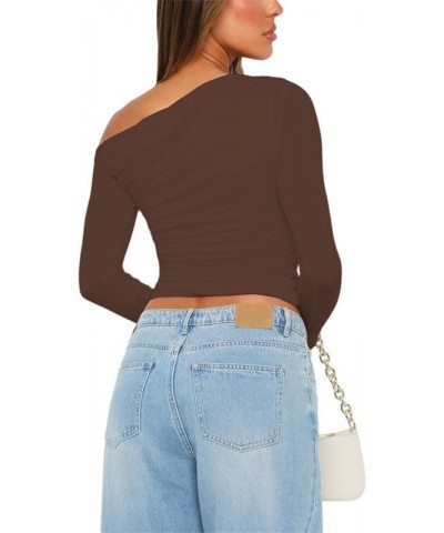 Women Long Sleeve Pullover Crop Tops Oblique Shoulder Ruched T-Shirt Bodycon Going Out Tee Shirts Streetwear Brown $6.47 T-Sh...