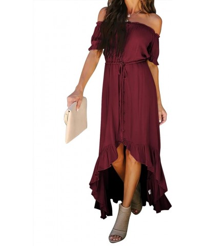 Womens Off The Shoulder Dress Casual Short Sleeve High Low Ruffle Long Maxi Beach Party Dresses A Red $30.08 Dresses