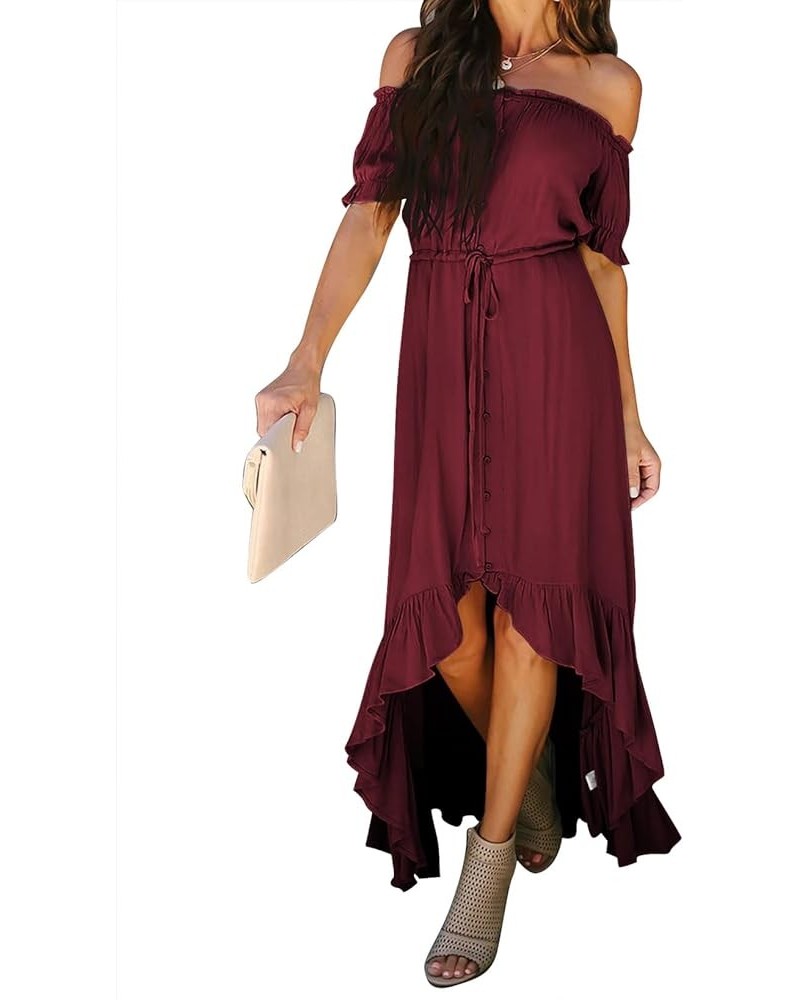 Womens Off The Shoulder Dress Casual Short Sleeve High Low Ruffle Long Maxi Beach Party Dresses A Red $30.08 Dresses