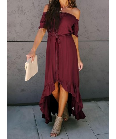 Womens Off The Shoulder Dress Casual Short Sleeve High Low Ruffle Long Maxi Beach Party Dresses A Red $30.08 Dresses