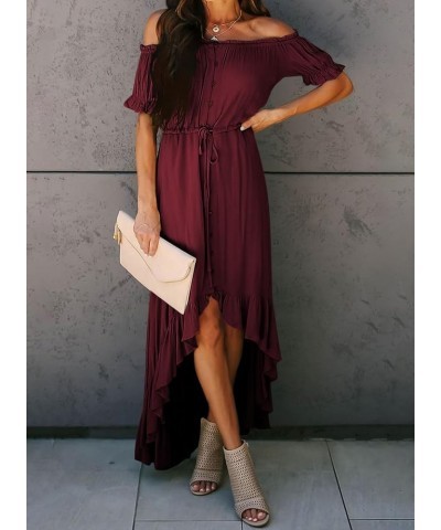 Womens Off The Shoulder Dress Casual Short Sleeve High Low Ruffle Long Maxi Beach Party Dresses A Red $30.08 Dresses