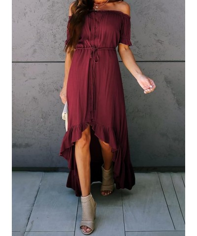 Womens Off The Shoulder Dress Casual Short Sleeve High Low Ruffle Long Maxi Beach Party Dresses A Red $30.08 Dresses