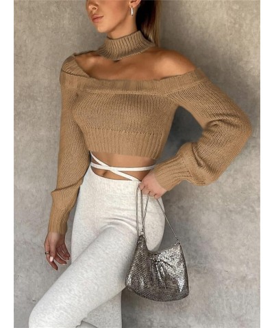 Women Knit Sweater Casual Solid Color Long Sleeve Knitted Pullovers Jumper Sexy Crop Tops Fall Winter Basic Knitwear F Khaki ...