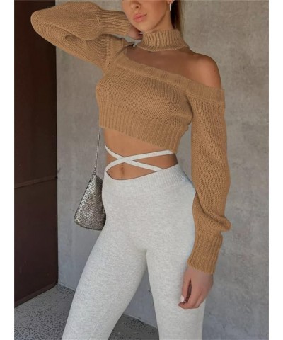 Women Knit Sweater Casual Solid Color Long Sleeve Knitted Pullovers Jumper Sexy Crop Tops Fall Winter Basic Knitwear F Khaki ...