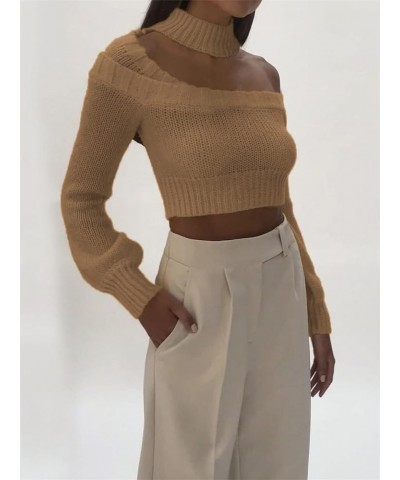 Women Knit Sweater Casual Solid Color Long Sleeve Knitted Pullovers Jumper Sexy Crop Tops Fall Winter Basic Knitwear F Khaki ...