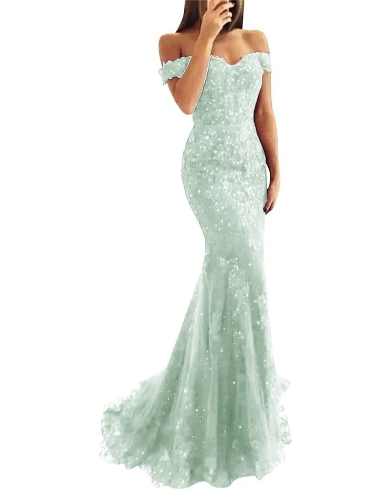 Lace Prom Dress Mermaid Off The Shoulder Formal Dress Evening Party Gowns with Train Mint Green $47.24 Dresses