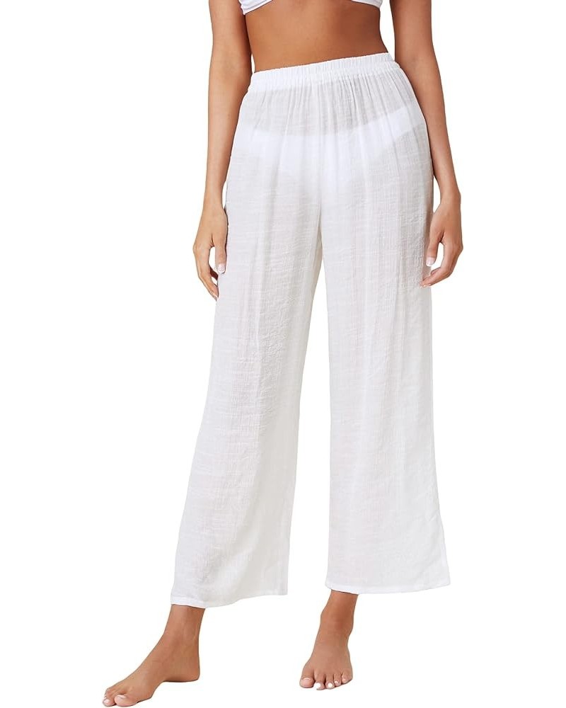 Women's Sheer Pants High Waist Wide Leg Beach Swimwear Bikini Cover Up Pants Pure White $14.70 Swimsuits