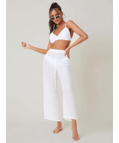 Women's Sheer Pants High Waist Wide Leg Beach Swimwear Bikini Cover Up Pants Pure White $14.70 Swimsuits