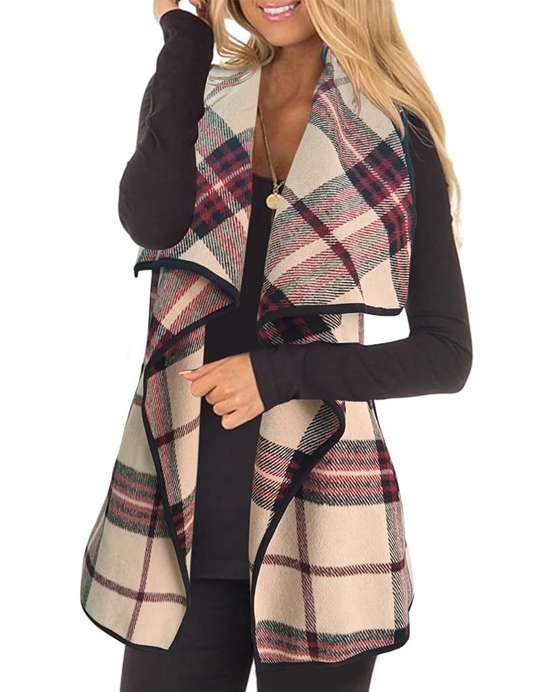 Women Buffalo Plaid Sleeveless Vest Lapel Draped Open Front Cardigan Jacket with Pockets Apricotwine $17.39 Vests