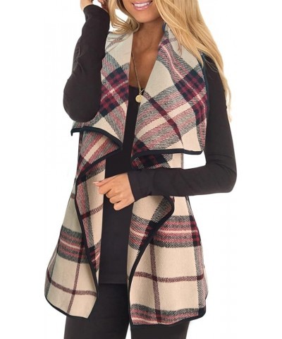 Women Buffalo Plaid Sleeveless Vest Lapel Draped Open Front Cardigan Jacket with Pockets Apricotwine $17.39 Vests