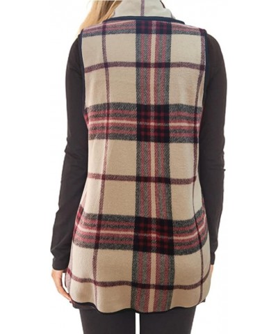 Women Buffalo Plaid Sleeveless Vest Lapel Draped Open Front Cardigan Jacket with Pockets Apricotwine $17.39 Vests