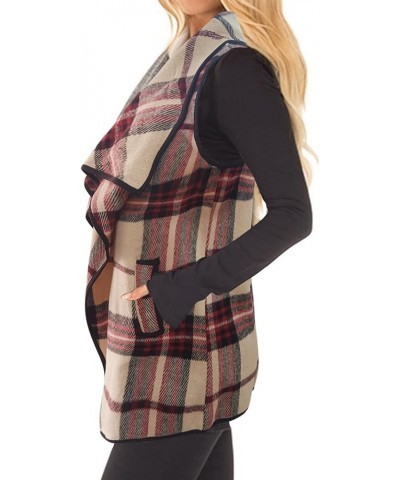 Women Buffalo Plaid Sleeveless Vest Lapel Draped Open Front Cardigan Jacket with Pockets Apricotwine $17.39 Vests