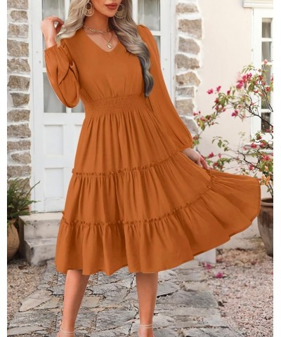 Women 2024 Short Sleeve Summer Dress V Neck Smocked Waist Casual Flowy A Line Tiered Work Midi Dresses Long Sleeve Long Sleev...