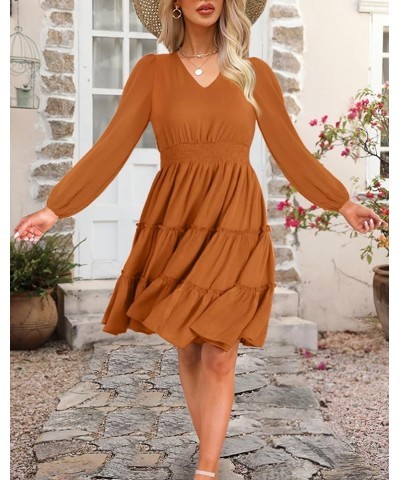 Women 2024 Short Sleeve Summer Dress V Neck Smocked Waist Casual Flowy A Line Tiered Work Midi Dresses Long Sleeve Long Sleev...