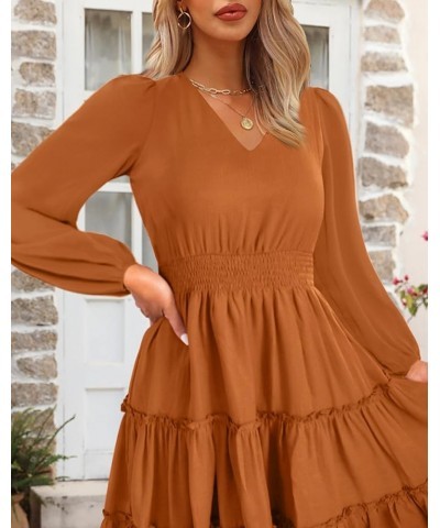 Women 2024 Short Sleeve Summer Dress V Neck Smocked Waist Casual Flowy A Line Tiered Work Midi Dresses Long Sleeve Long Sleev...