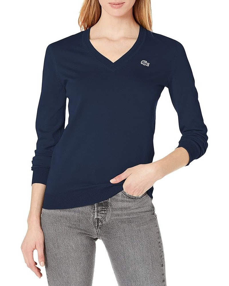 Women's Classic Cotton V Neck Sweater Navy Blue $47.32 Sweaters