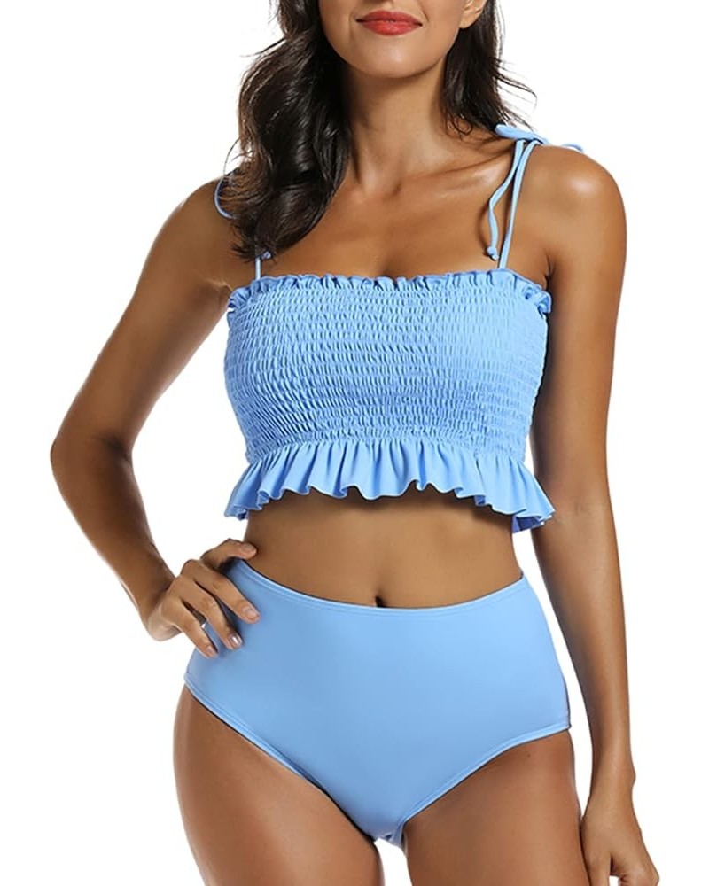 Women Cute Shirred Bandeau Bikini Sets High Waisted Strapless Girls Bathing Suit Ruffled Tummy Control Swimsuit Blue $20.24 S...