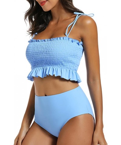 Women Cute Shirred Bandeau Bikini Sets High Waisted Strapless Girls Bathing Suit Ruffled Tummy Control Swimsuit Blue $20.24 S...