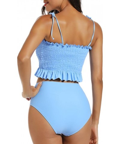 Women Cute Shirred Bandeau Bikini Sets High Waisted Strapless Girls Bathing Suit Ruffled Tummy Control Swimsuit Blue $20.24 S...