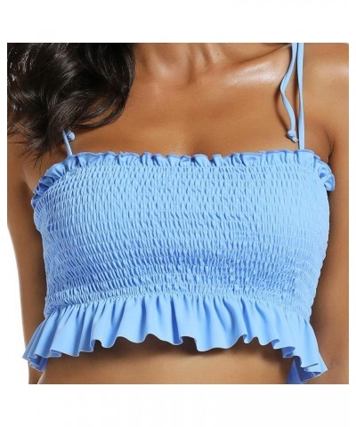 Women Cute Shirred Bandeau Bikini Sets High Waisted Strapless Girls Bathing Suit Ruffled Tummy Control Swimsuit Blue $20.24 S...