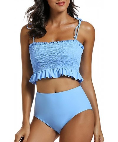 Women Cute Shirred Bandeau Bikini Sets High Waisted Strapless Girls Bathing Suit Ruffled Tummy Control Swimsuit Blue $20.24 S...