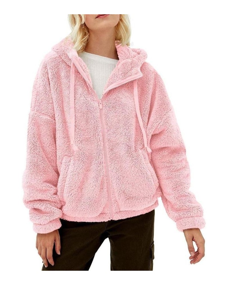 Women's Sherpa Fleece Jacket Casual Long Sleeve Zipper/Pullover Hooded Jacket Winter Plush Thick Coat A06-pink $9.89 Jackets