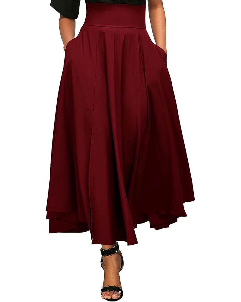 Women's Elastic High Waist Tie Knot Back A-Line Flared with Pockets Long Skirt Burgundy $22.09 Skirts