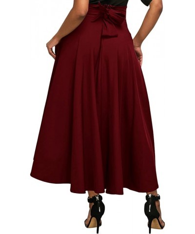 Women's Elastic High Waist Tie Knot Back A-Line Flared with Pockets Long Skirt Burgundy $22.09 Skirts