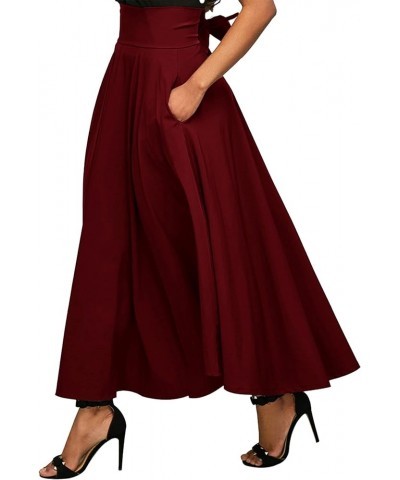 Women's Elastic High Waist Tie Knot Back A-Line Flared with Pockets Long Skirt Burgundy $22.09 Skirts