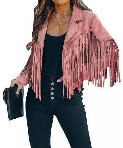 Women Faux Suede Leather Tassel Coat Lapel Long Sleeve Motorcycle Short Fringe Jacket Pink $28.41 Coats